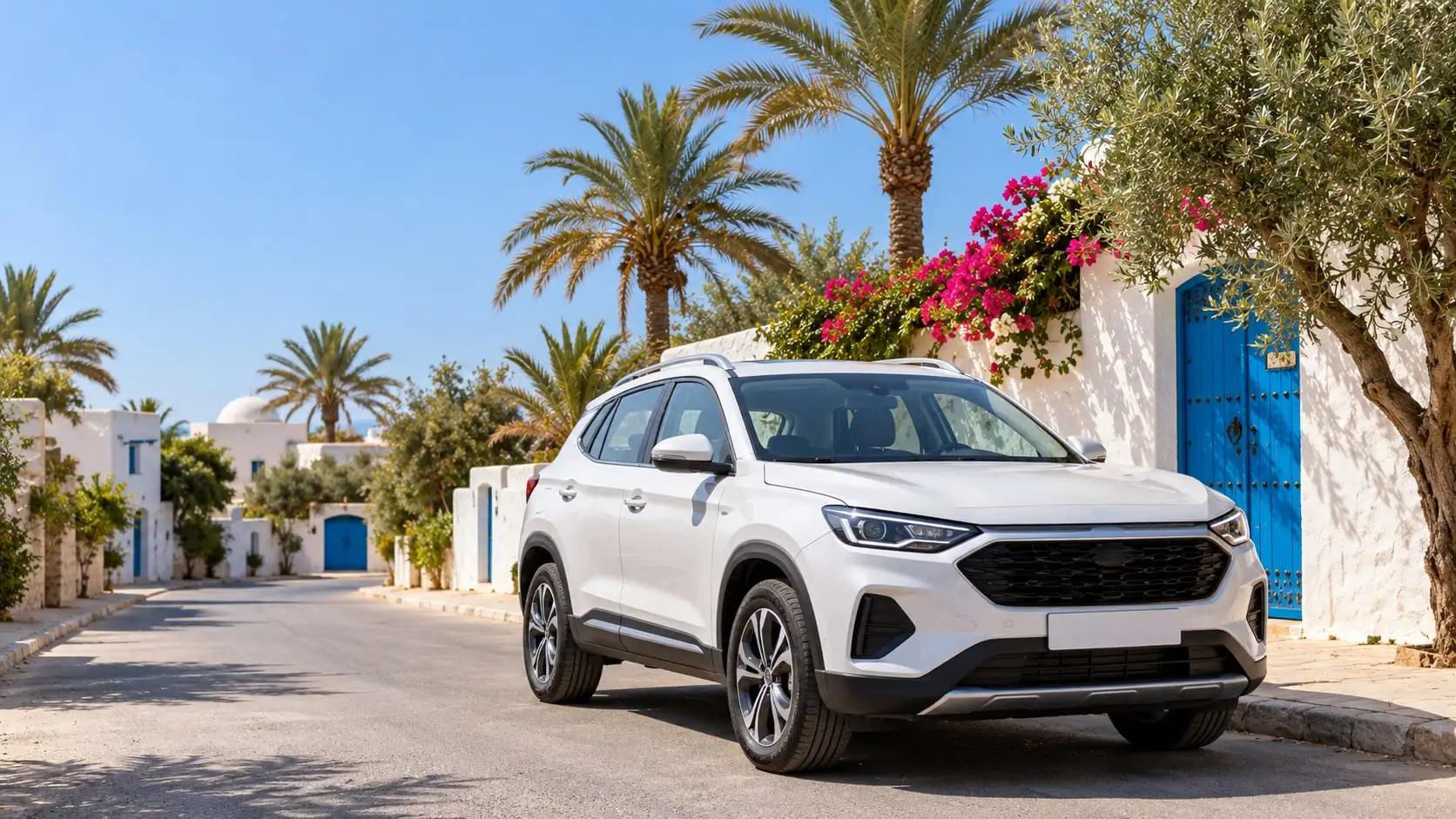 SUV blanc garé dans une rue de Djerba bordée de palmiers