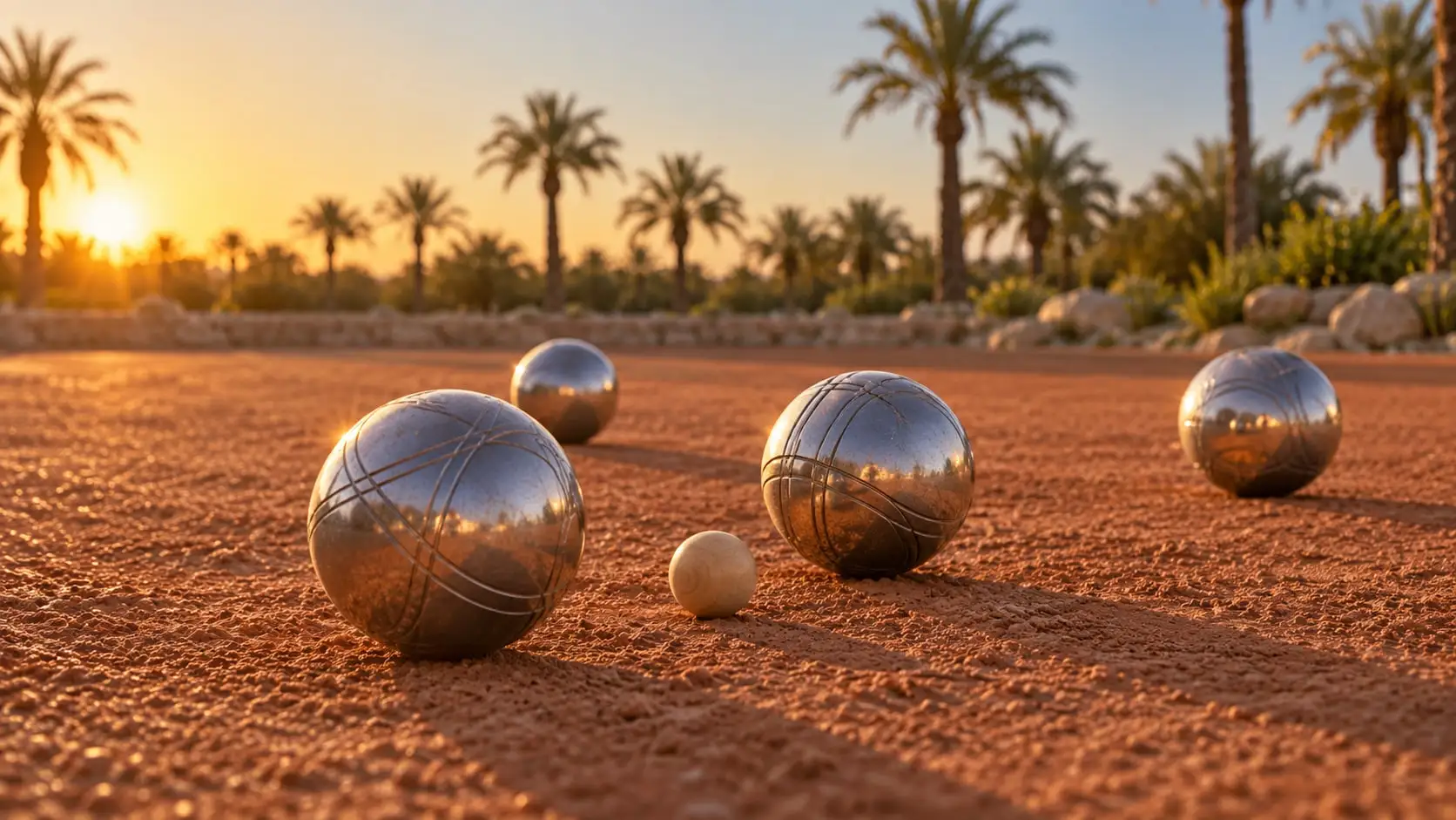 Boules de pétanque sur un terrain d'argile au coucher du soleil