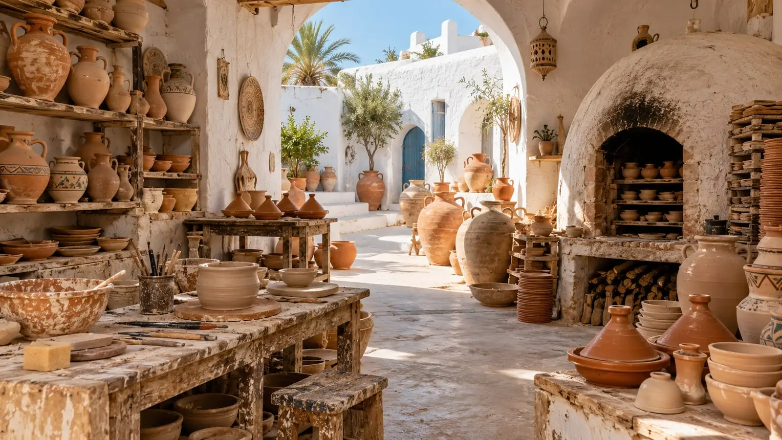 Atelier de poterie djerbienne, jarres et tajines en terre cuite