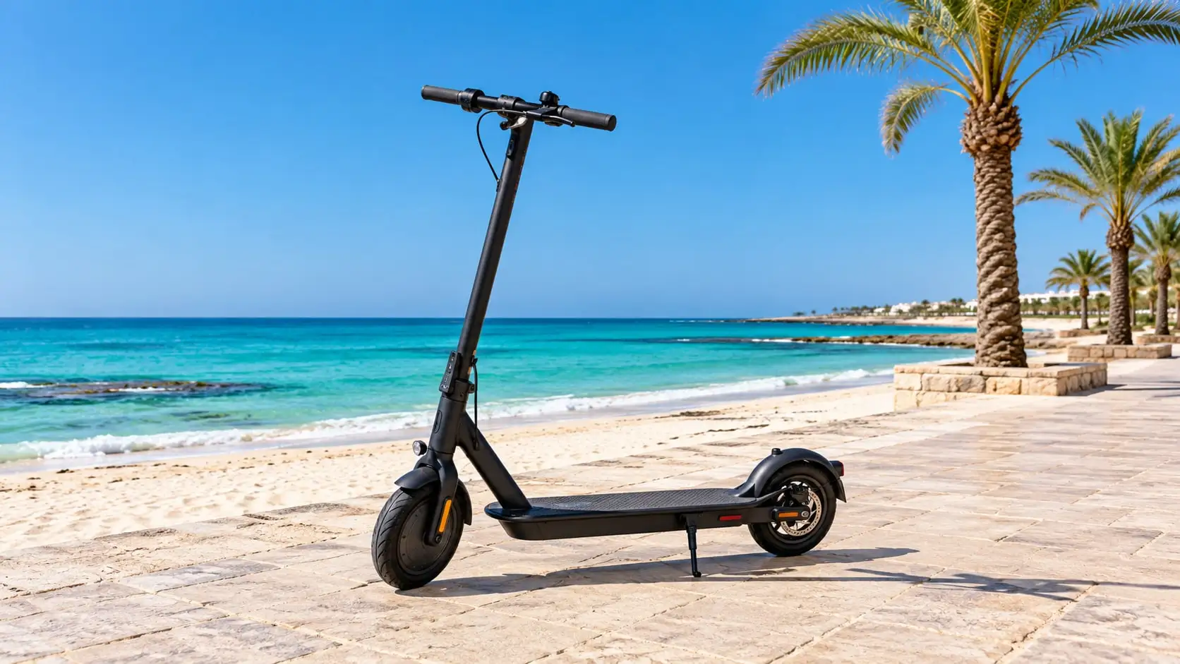 Trottinette électrique sur une promenade en bord de mer